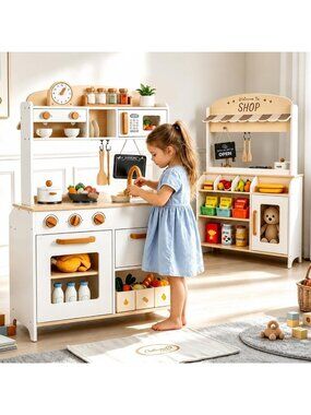 Dual-Sided Wooden Play Kitchen Set for Kids | Toddler Toy Store & Cooking Fun